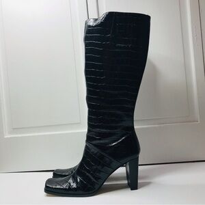 COUP D’ETAT Black Crock Print Leather High Heel Boots Size 9.5B